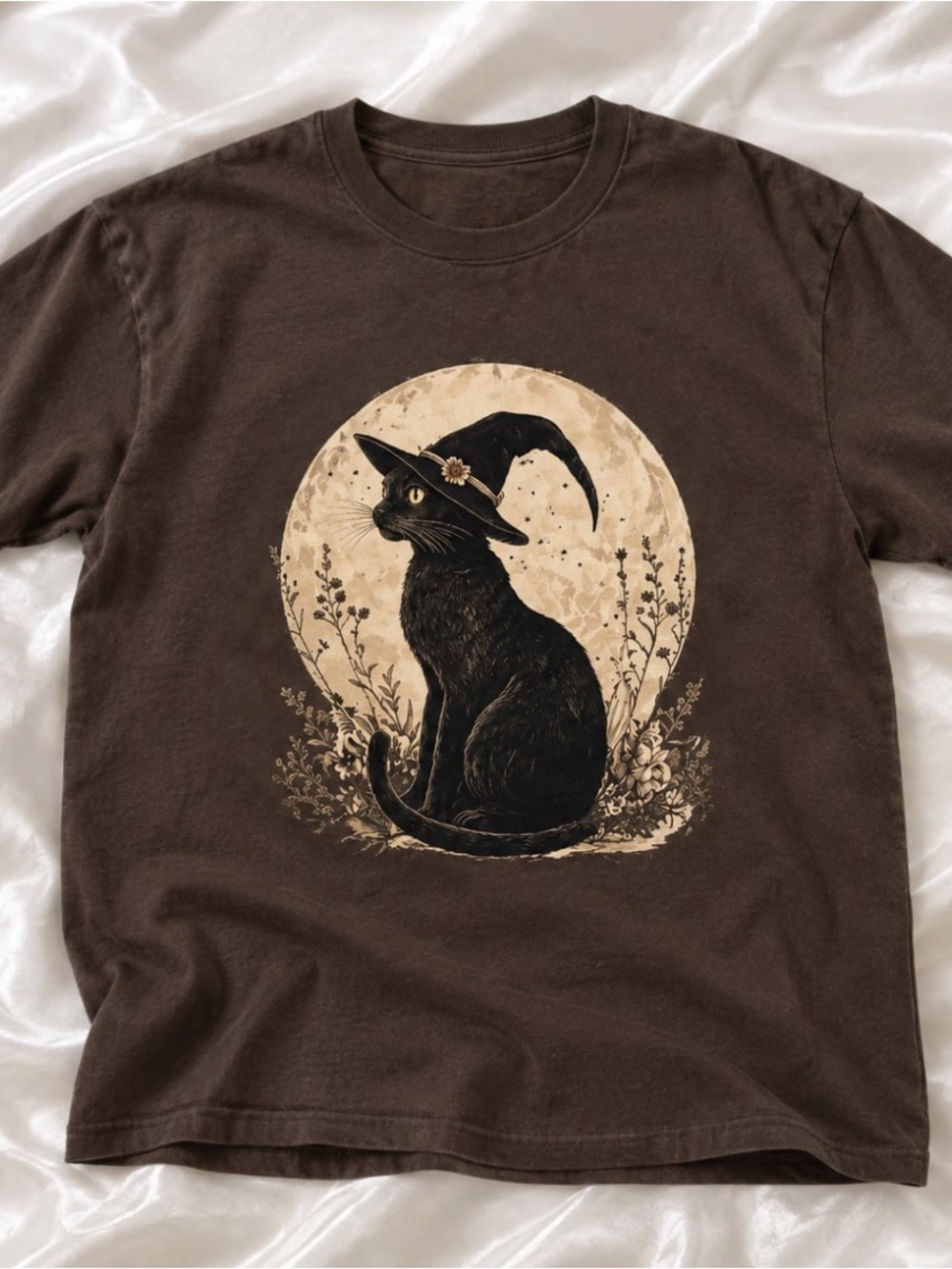 Gildan Brown Tee with Black Cat Witch Graphic